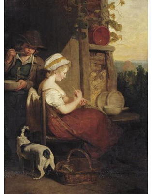 A Young Lady Seated Outside a Cottage Mending a Net, with a Young Boy Behind Eating from a bowl, "The Industrious Cottager" by Francis Wheatley - Auction record, sale price, and art valuation. Compare with similar artists and explore comparable artworks.