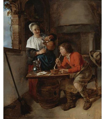 Young Woman pouring beer and a Young Man Smoking in an Interior