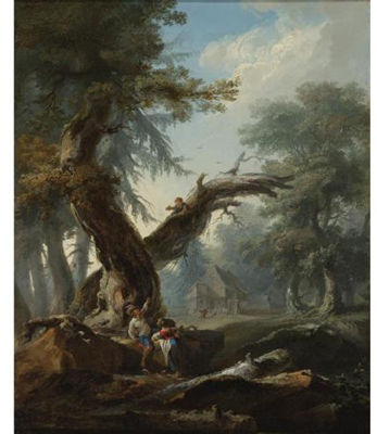Landscape with a Couple by the Edge of a Wood, a Young Child in a Tree Above Holding a Bird's Nest