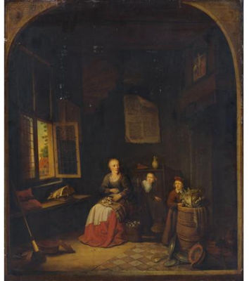 Interior of a Kitchen with a Seated Woman Peeling Onions, a Child Hiding Behind Her, Another Child Putting a Cabbage on a Barrel
