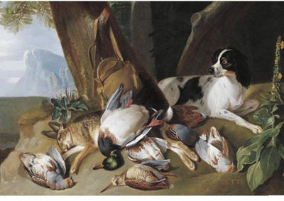Hunting Still Life with Game Birds and Zette, the Hound
