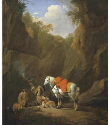 A Huntsman Firing a Pistol in a Rocky Landscape