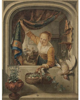 A Young Woman Holding a Basket of Fruit at a Window, with a Music Lesson in the Interior Beyond by Jacob Cats - Auction record, sale price, and art valuation. Compare with similar artists and explore comparable artworks.