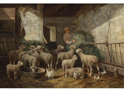 FEEDING TIME by Charles Emile Jacque - Auction record, sale price, and art valuation. Compare with similar artists and explore comparable artworks.