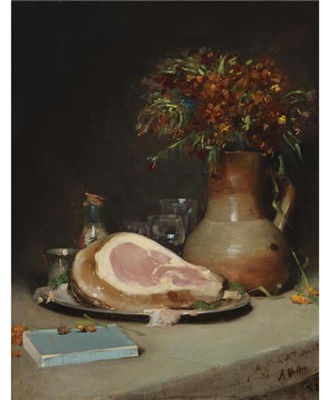 STILL LIFE WITH FLOWERS AND HAM