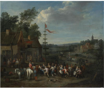 A VILLAGE FAIR WITH FIGURES DANCING AROUND A MAYPOLE