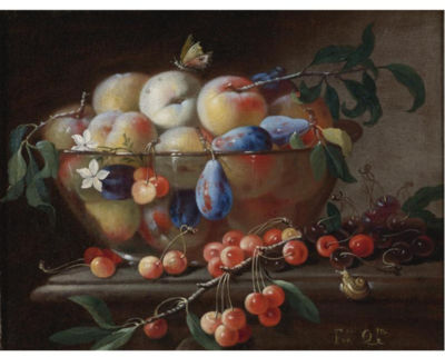 STILL LIFE WITH PEACHES AND PLUMS IN A GLASS BOWL, RESTING ON A TABLE WITH CHERRIES AND A SNAIL