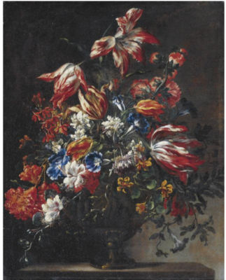 STILL LIFE OF TULIPS, MORNING GLORIES AND OTHER FLOWERS IN A VASE