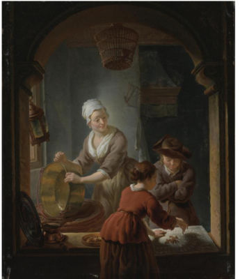 AN INTERIOR WITH A KITCHEN MAID CLEANING A COPPER POT AND A YOUTH AND YOUNG WOMAN PLAYING JEU DE L'OIE by Louis Moni - Auction record, sale price, and art valuation. Compare with similar artists and explore comparable artworks.