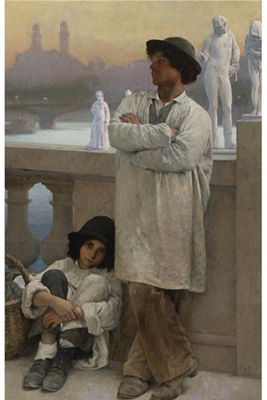 YOUNG SCULPTORS ON A BRIDGE IN PARIS, THE OLD TROCADERO IN THE DISTANCE