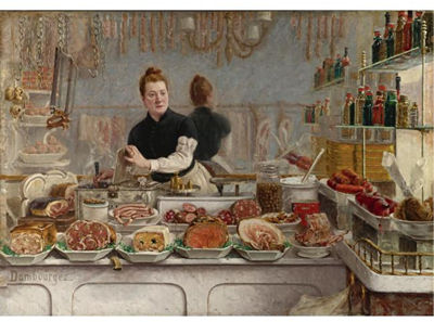 UNE BOUTIQUE DE CHARCUTERIE (A PORK BUTCHER'S SHOP) by Edouard-Jean Jean Dambourgez - Auction record, sale price, and art valuation. Compare with similar artists and explore comparable artworks.