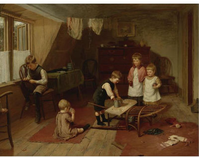 Sample artwork by Harry Brooker (1848 - 1940), known for domestic genre and figure painting - View similar artists and auction records