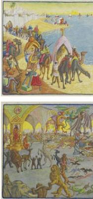 ANIMALS, BIRDS AND DEMONS DANCING BEFORE KING SOLOMON AND HIS GUESTS AND A CARAVAN ARRIVING