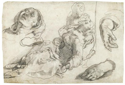 Recto: the virgin fainting, supported by one of the holy women, with subsidiary studies of the virgin's head and hands;
