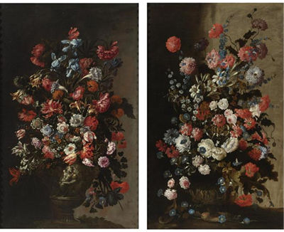 STILL LIFE OF TULIPS, IRISES, POPPIES AND OTHER FLOWERS IN A SCULPTED VASE; & STILL LIFE OF ROSES, LILIES, POPPIES, MORNING GLORIES AND OTHER FLOWERS IN A SCULPTED VASE, WITH TWO PARTRIDGES (2)