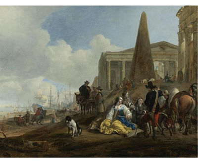 A MEDITERRANEAN HARBOR SCENE WITH FIGURES RESTING IN THE FOREGROUND AND ANTIQUE RUINS BEYOND by Jan Baptist Weenix - Auction record, sale price, and art valuation. Compare with similar artists and explore comparable artworks.