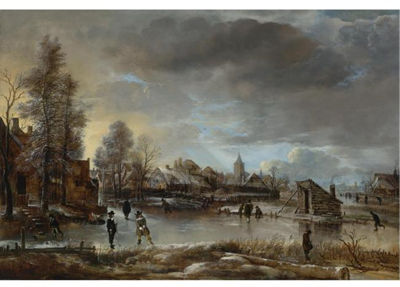 WINTER LANDSCAPE WITH KOLF PLAYERS AND SKATERS ON A FROZEN CANAL