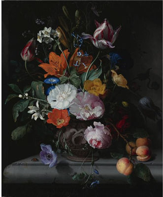 A STILL LIFE OF FLOWERS AND A BRANCH OF PEACHES IN A SCULPTED VASE, STANDING ON A LEDGE by Jacob van Walscapelle - Auction record, sale price, and art valuation. Compare with similar artists and explore comparable artworks.