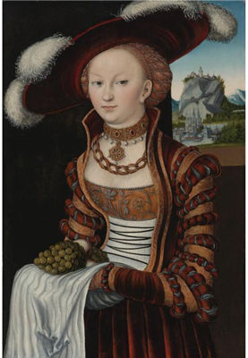 PORTRAIT OF A YOUNG LADY HOLDING GRAPES AND APPLES