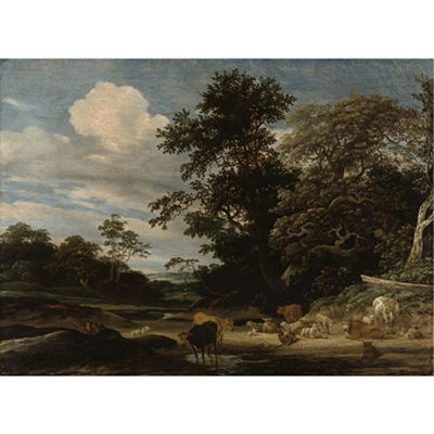 WOODED LANDSCAPE WITH HERD ANIMALS RESTING BY A POND