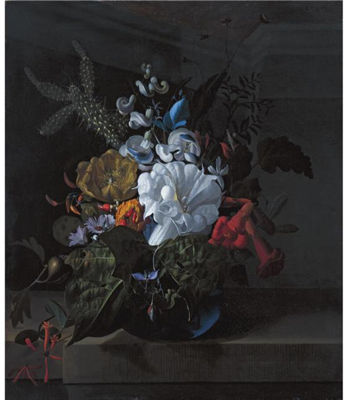 A STILL LIFE WITH DEVIL'S TRUMPET, A CACTUS, A FIG BRANCH, HONEYSUCKLE AND OTHER FLOWERS IN A BLUE GLASS VASE RESTING ON A LEDGE