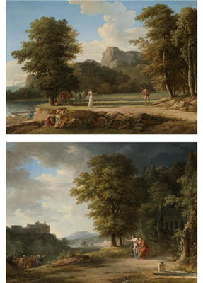A CLASSICAL LANDSCAPE WITH A VIEW OF COLONUS, THE EUMENIDES TEMPLE ON MOUNT CITHERON, OEDIPUS AND HIS DAUGHTER ANTIGONE BEGGING THE VILLAGERS WHO WANT TO EXPEL THEM FROM THEIR SACRED GROUND; & A CLASSICAL LANDSCAPE WITH ULYSSES IMPLORING THE ASSISTANCE OF