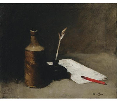 STILL LIFE WITH BOTTLE, INKPOT AND LETTER