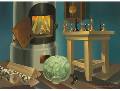 INTERIOR WITH BURNING STOVE, 1988
