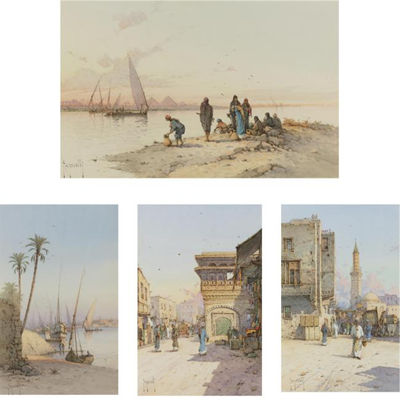 MOUSKY STREET; A SIBYL ON MOUSKY; VIEW OF THE NILE AT GIZIREH; VIEW OF THE DASHUR PYRAMIDS (4 WORKS)