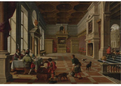 INTERIOR OF A PALACE WITH ELEGANT FIGURES DINNING