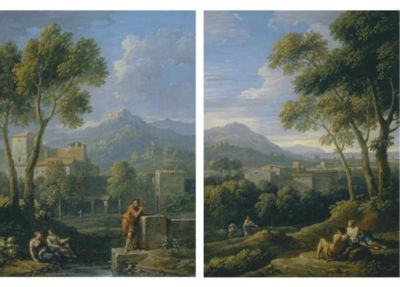AN ITALIANATE LANDSCAPE WITH TWO WOMEN; ITALIANATE LANDSCAPE WITH RECLINNING CLASSICAL FIGURES (2 WORKS)