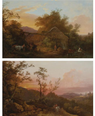 LANDSCAPE WITH A WATERMILL; LANDSCAPE WITH TRAVELERS AT SUNSET (A PAIR)