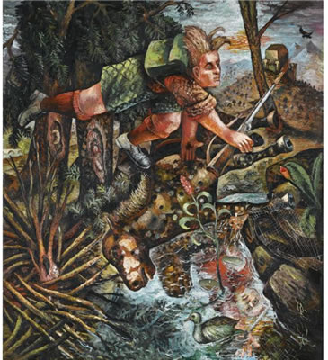 HUNTER IN A CAMOUFLAGE DOCEY LANDSCAPE by Steven Campbell - Auction record, sale price, and art valuation. Compare with similar artists and explore comparable artworks.