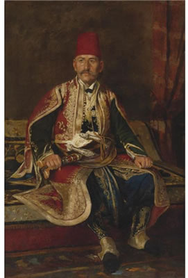 TURKISH NOBLE SEATED IN A CARPETED INTERIOR