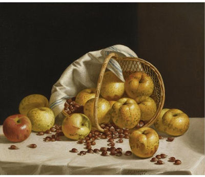 STILL LIFE: YELLOW APPLES AND CHESTNUTS SPILLING FROM A BASKET