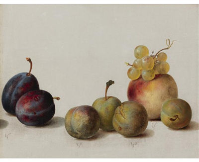 STILL LIFE: PLUMS, PEACH AND GRAPES