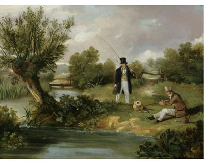 TWO GENTLEMEN FISHING BY A STREAM