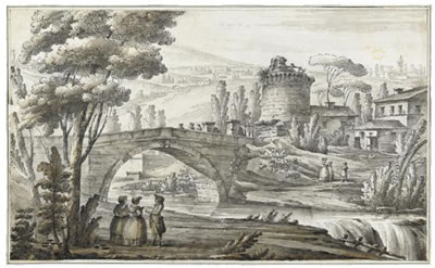 LANDSCAPE WITH BUILDINGS AND FIGURES NEAR A BRIDGE