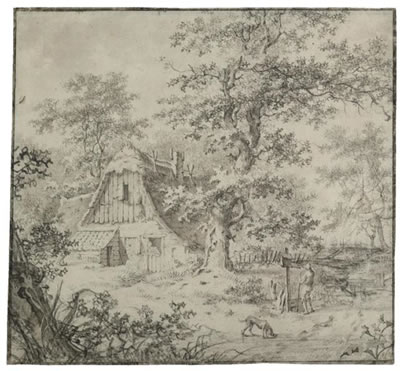 A THATCHED WOODLAND COTTAGE WITH A MAN AND HIS DOG IN THE FOREGROUND by Pieter Pietersz Barbiers - Auction record, sale price, and art valuation. Compare with similar artists and explore comparable artworks.