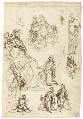 SHEET OF STUDIES WITH THE CORONATION OF THE VIRGIN AND VARIOUS SAINTS