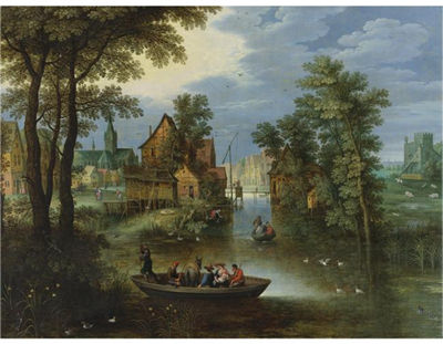 Sample artwork by Marten Ryckaert (1587 - 1631), known for imaginary paintings of landscape with buildings, harbor scenes, rural countryside - View similar artists and auction records