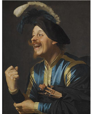 A LAUGHING VIOLINIST, HALF-LENGTH, WEARING A BLUE AND YELLOW STRIPED DOUBLET AND A PLUMED CAP, WITH A VIOLIN TUCKED UNDER HIS ARM