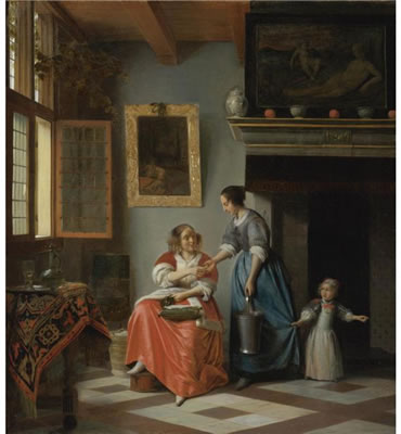A WOMAN HANDING A COIN TO A SERVING WOMAN WITH A CHILD