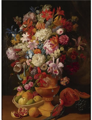 STILL LIFE WITH FLOWERS, FRUIT AND PARROT