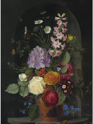 A BOUQUET IN A WEDGWOOD ROSSO ANTICO VASE, SET IN A NICHE