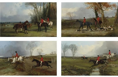 MOUNTING AT COVERTSIDE; HUNSTMAN AND WHIPPER IN WITH HOUNDS GOING TO DRAW; FULL CRY CROSSING THE ROAD; CROSSING A BROOK: A SET OF FOUR PAINTINGS OF THE MIDDLETON HUNT
