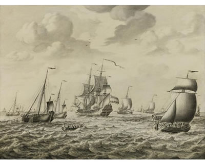 A DUTCH MAN-OF-WAR FIRING A SALUTE, WITH A FLOTILLA OF FISHING BOATS AND OTHER SHIPPING BEYOND: A .PENSCHILDERIJ