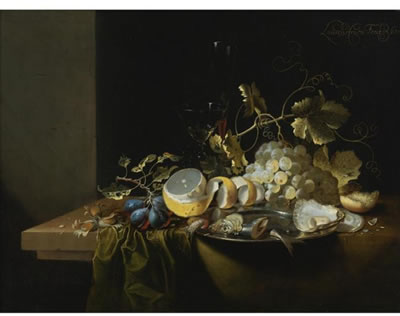 STILL LIFE OF HAZELNUTS, GRAPES, OYSTERS AND OTHER FOODS ON A DRAPED TABLE by Laurens Craen - Auction record, sale price, and art valuation. Compare with similar artists and explore comparable artworks.