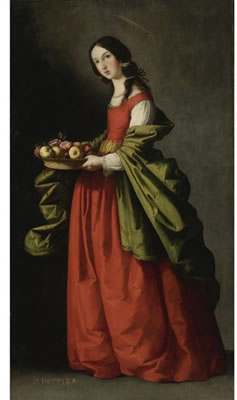 SAINT DOROTHY, FULL-LENGTH, HOLDING A BASKET OF APPLES AND ROSES