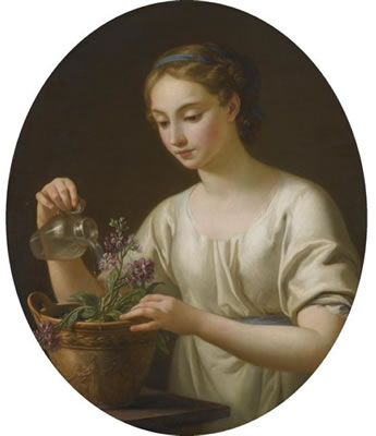 A YOUNG WOMAN WATERING A POT OF FLOWERS, ".LA JEUNE ATHÉNIENNE".